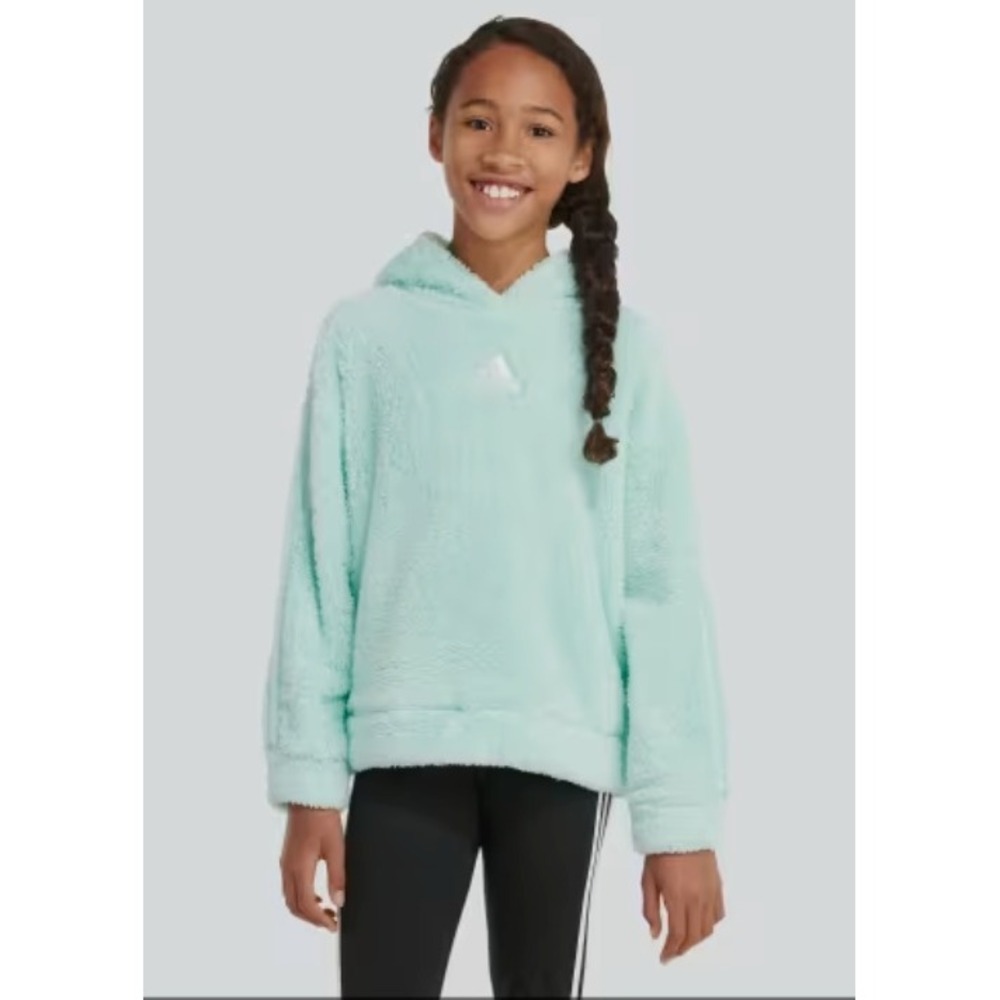 adidas Girls Sherpa Hoodie Size S 7/8 NWT Light Aqua Fuzzy Cozy Pullover